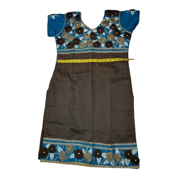 Teal, Gold, Brown Embroidered Floral Kurti‎ with Rhinestones Size 36 - Picture 5 of 7